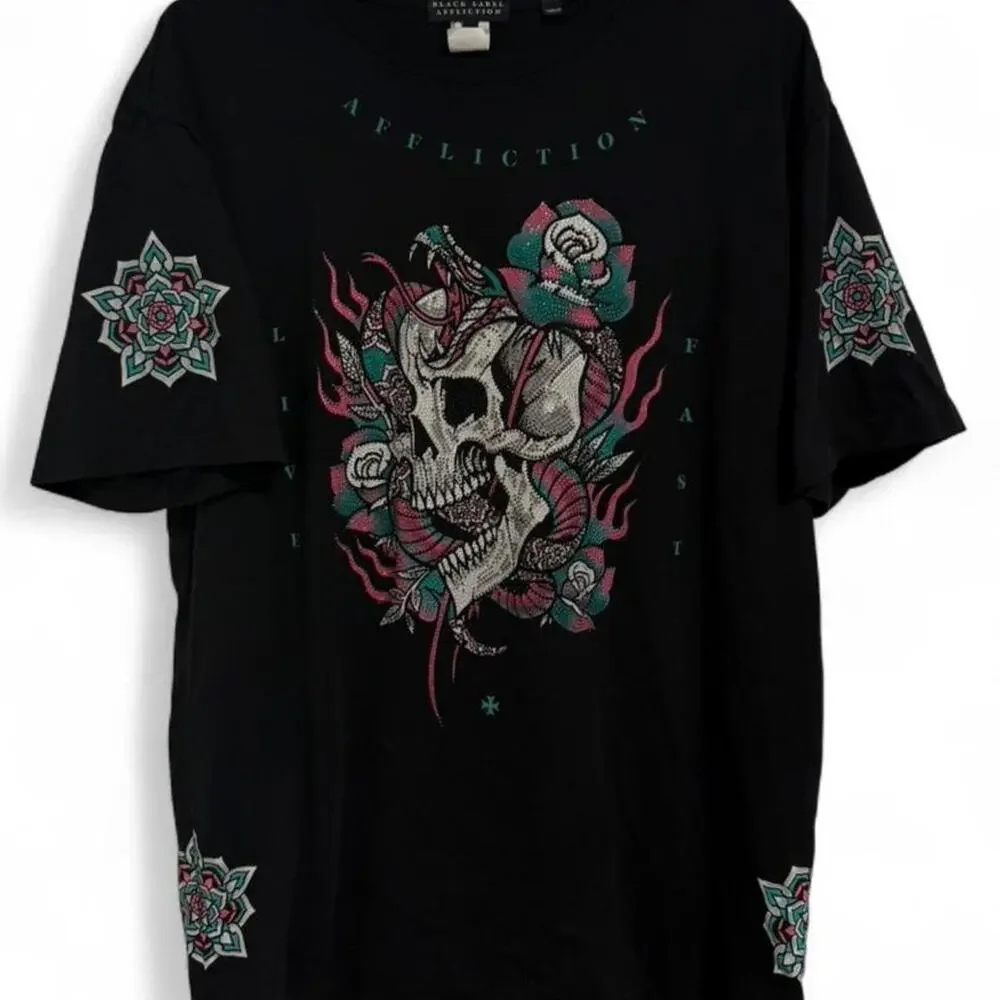 Black Label Affliction black skull and roses tee bedazzled Size XL - Picture 1 of 8